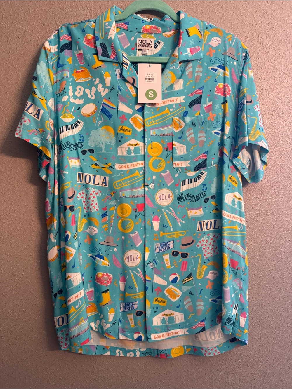 NOLA Merchantile Men's Teal Festival Print Short-Sleeve Button Down Shirt - S